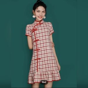 Chinese Vintage Plaid Gingham Short Sleeve Qipao Dress